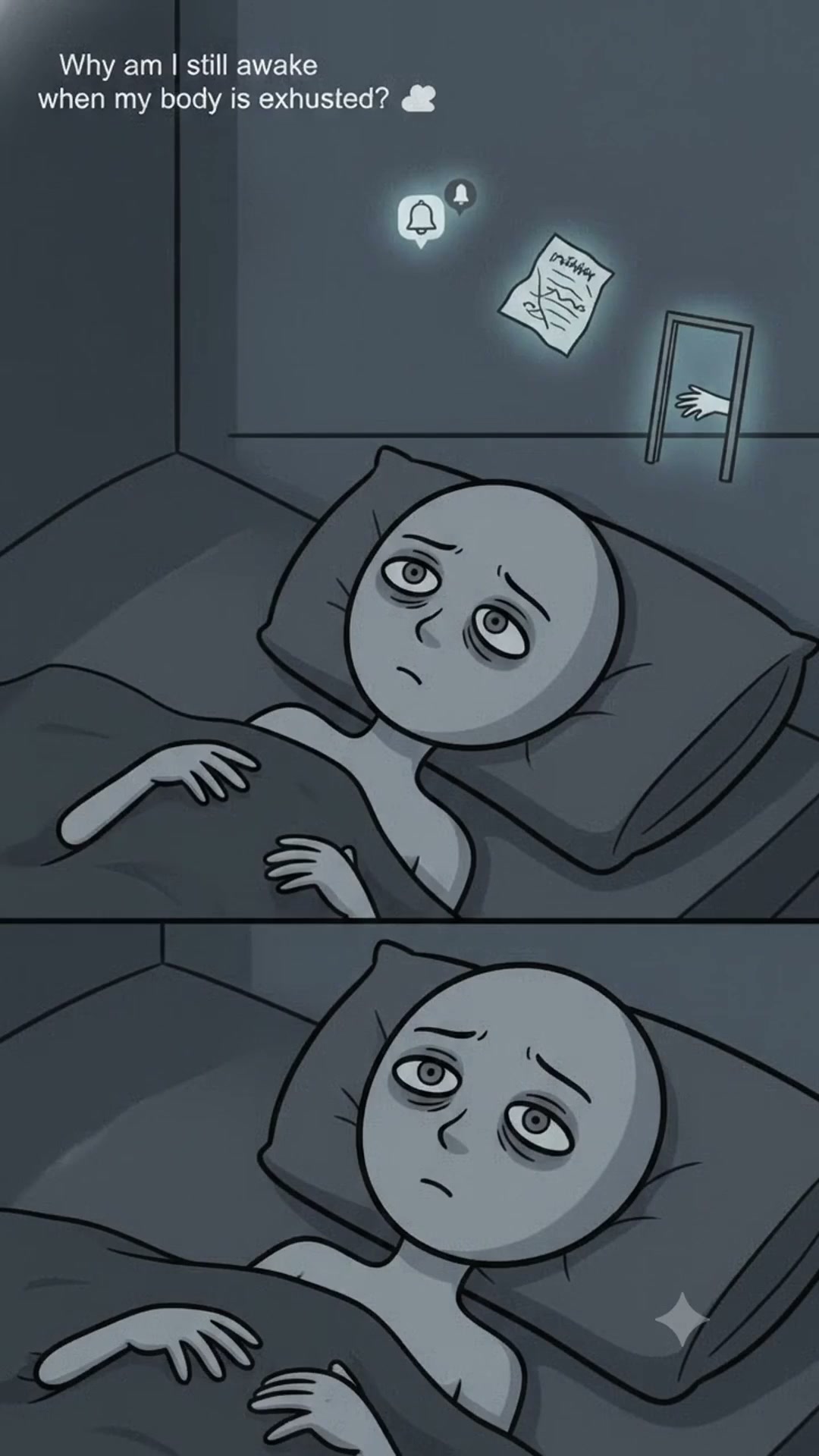 Melancholic 2D webcomic character lying awake in bed, body exhausted but mind active with floating thoughts.