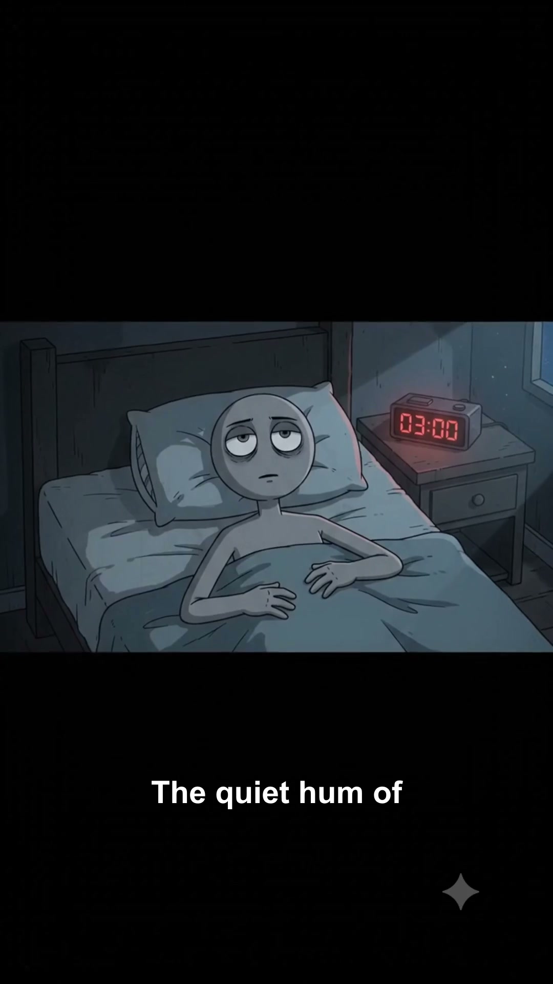 Melancholic 2D webcomic character finding subtle peace in a dim bedroom at 3 AM