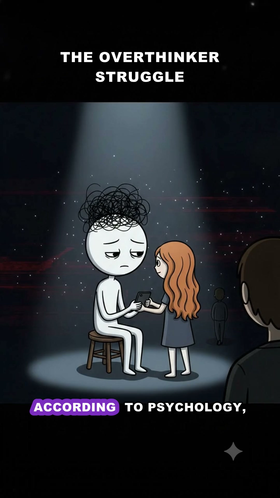 Melancholic 2D webcomic character sitting alone, looking worried, with a dark background, reflecting relational anxiety.