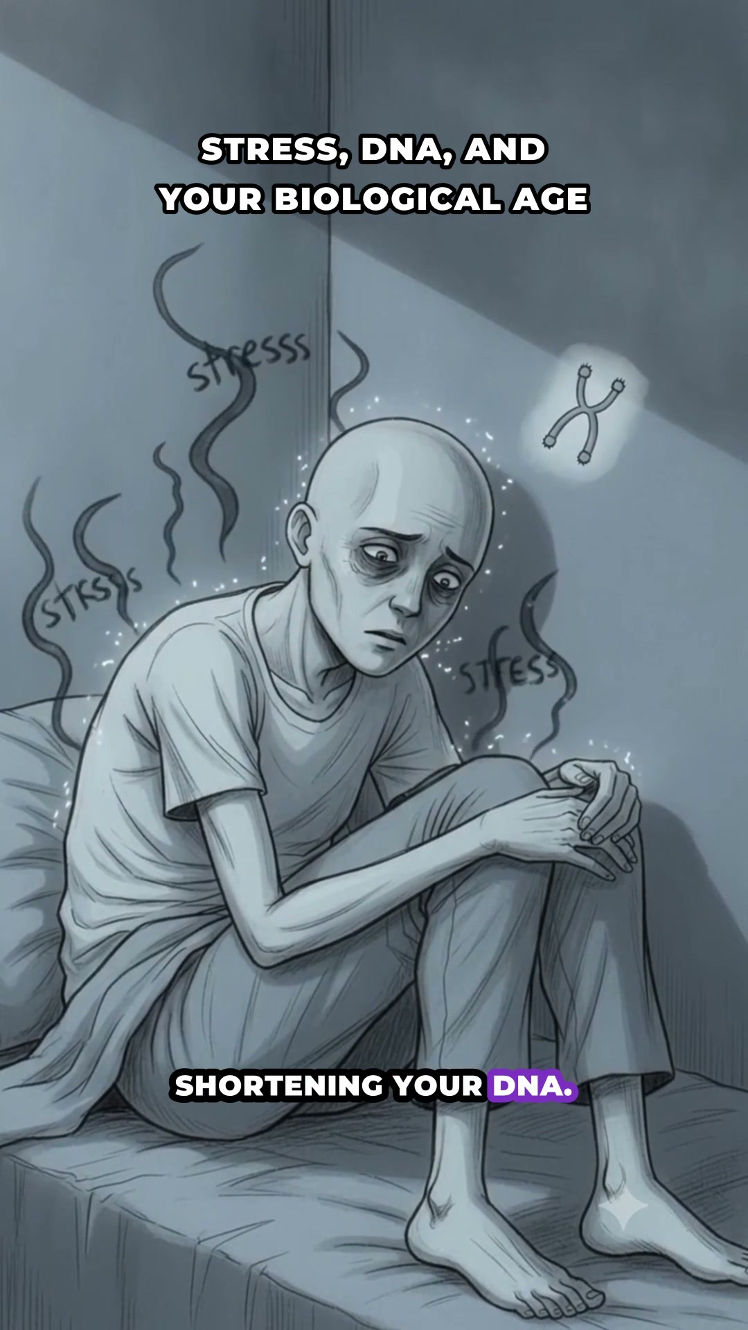 Melancholic 2D webcomic character transforming to peaceful and refreshed in soft nighttime bedroom