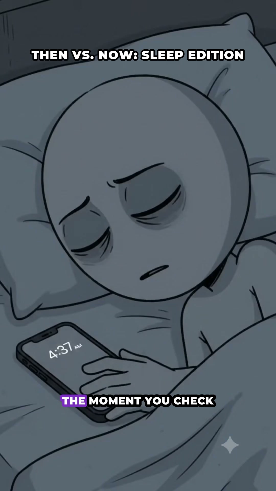 Melancholic 2D webcomic character checking phone at 4:37 AM, looking tired and anxious.
