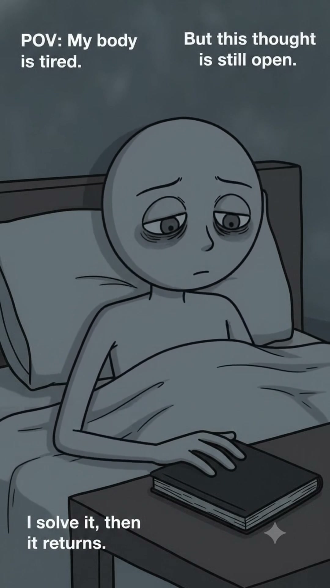 Melancholic 2D webcomic character staring at red digital clock in dark bedroom
