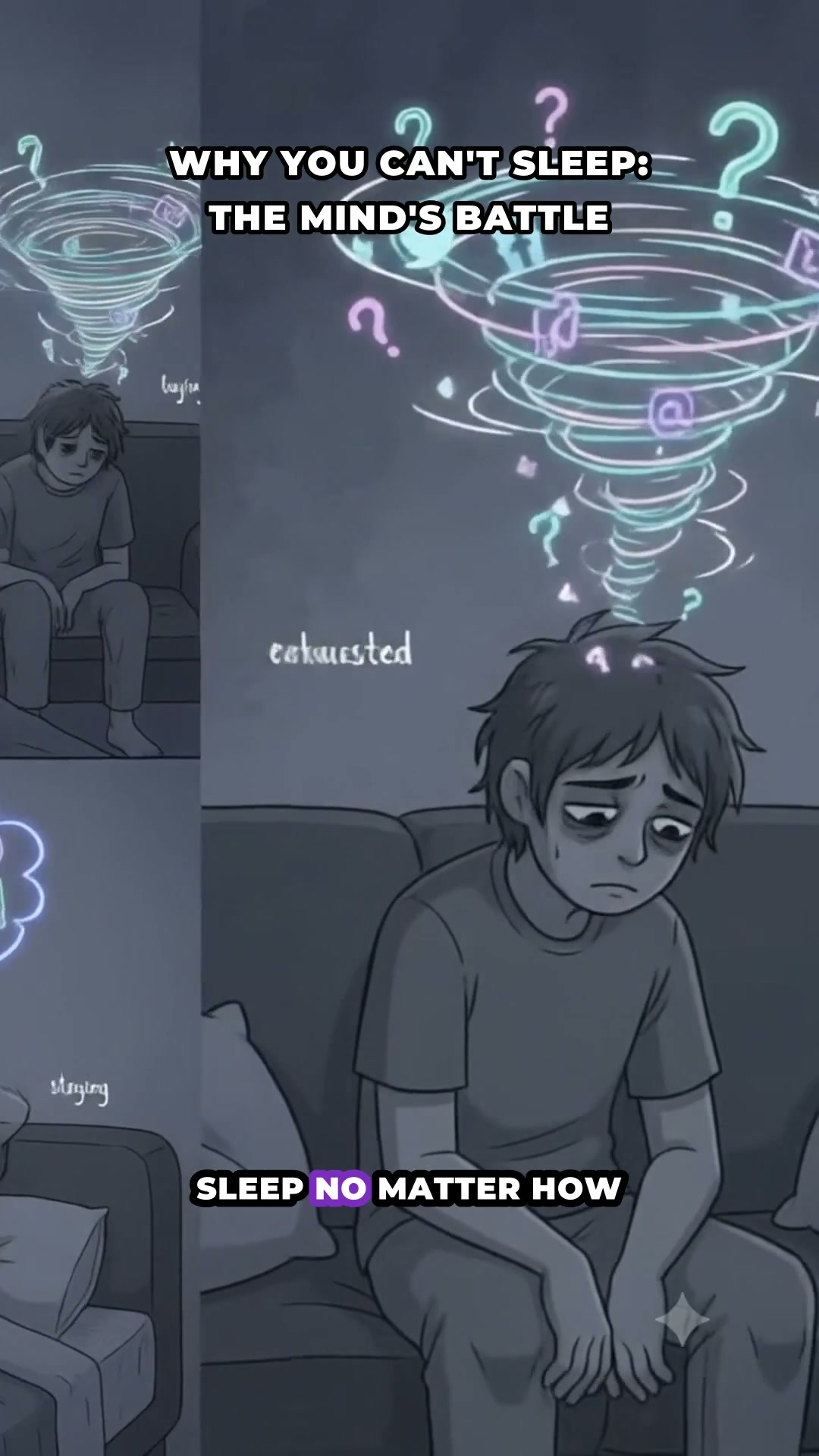 Melancholic 2D webcomic character resting peacefully in soft nighttime bedroom