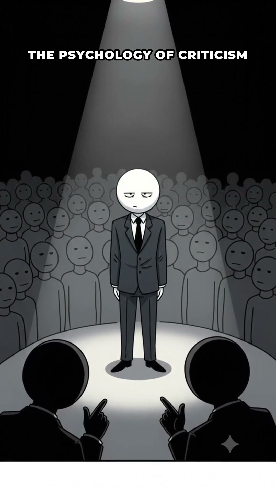 Melancholic 2D webcomic character sitting calmly amidst shadowy whispering figures, unfazed.
