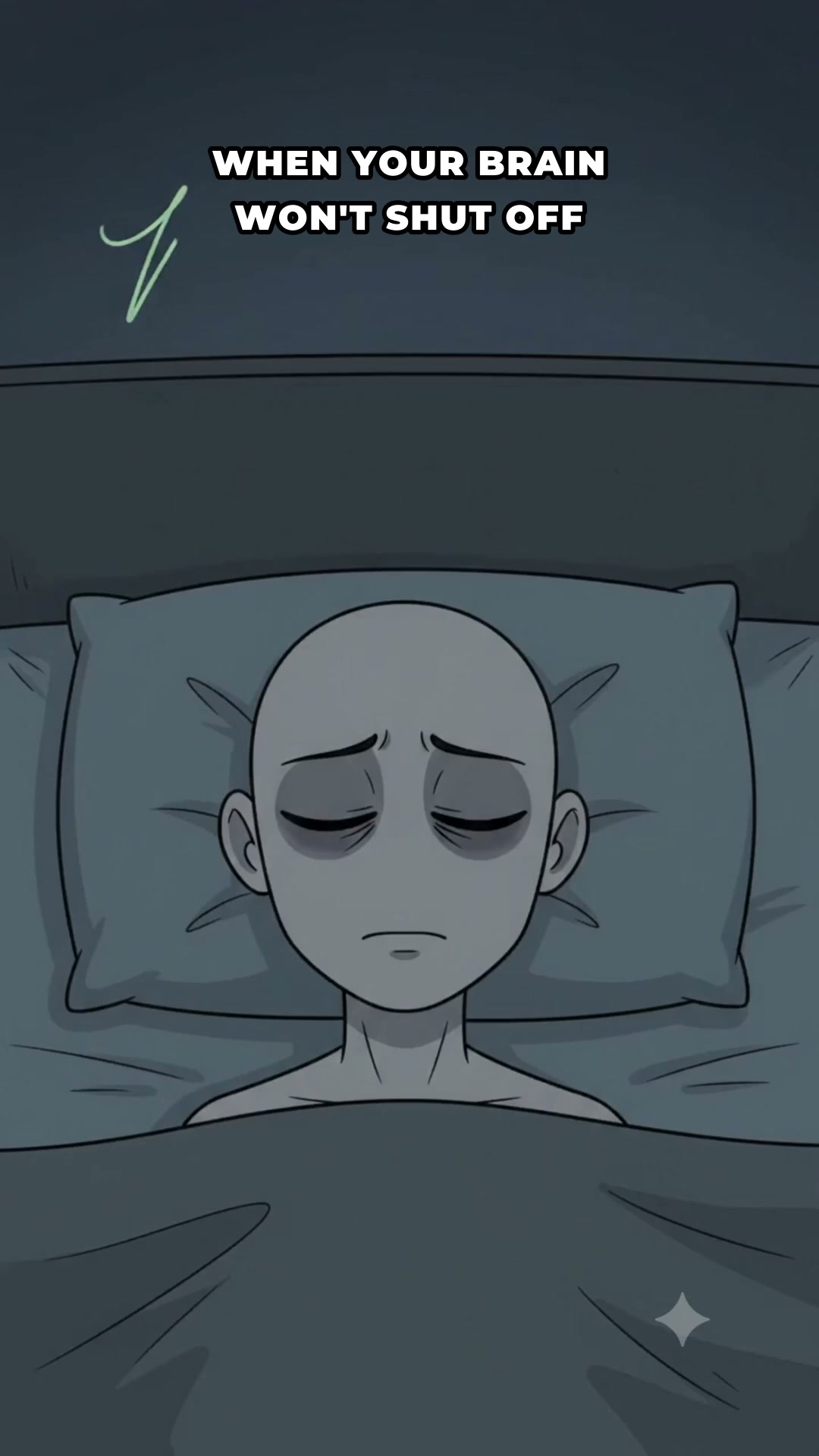 A melancholic 2D webcomic character lying in bed, surrounded by chaotic thoughts, seeking comfort in the dim night.